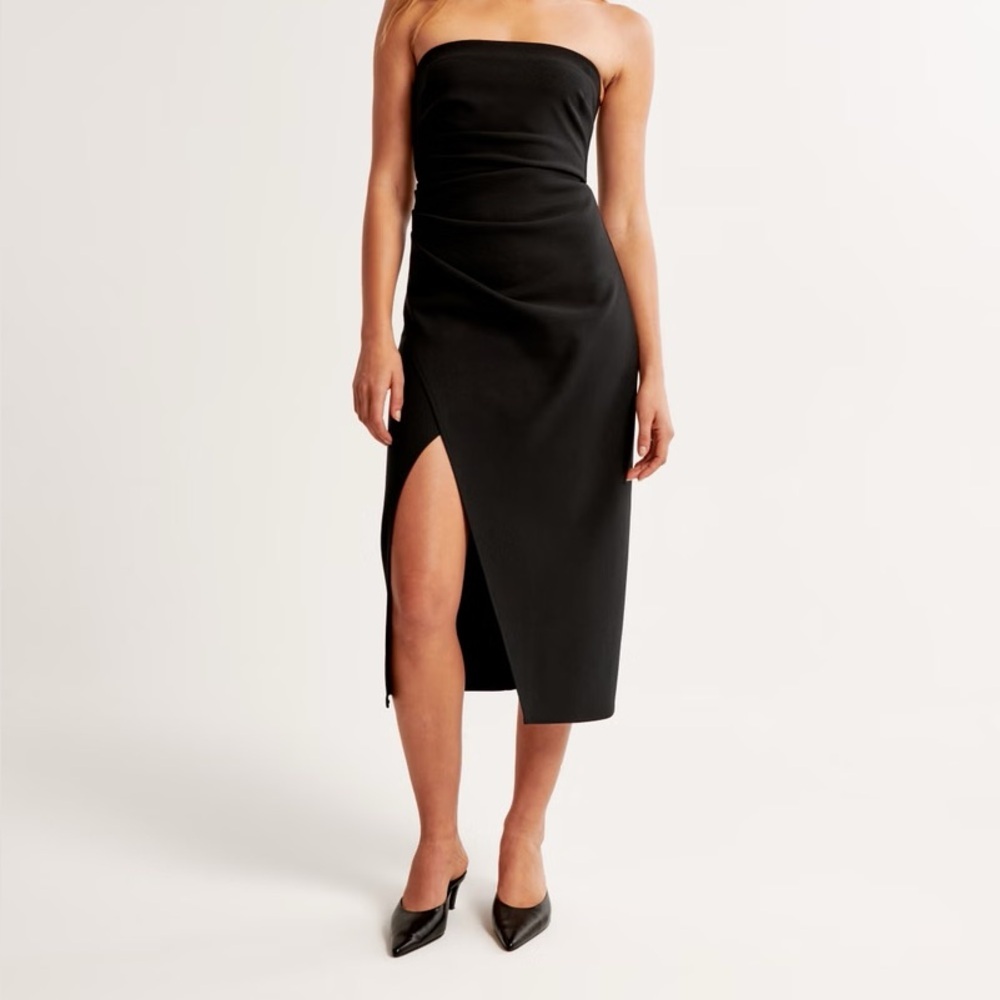 Abercrombie & Fitch Black Strapless Crepe Midi Dress with Slit